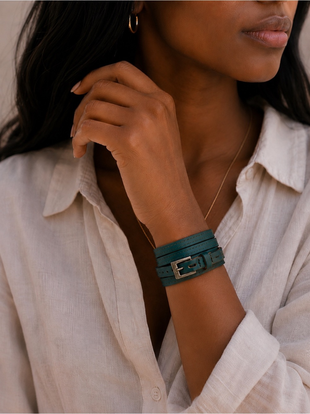 Turquoise Leather Wrap Bracelet with Silver Buckle